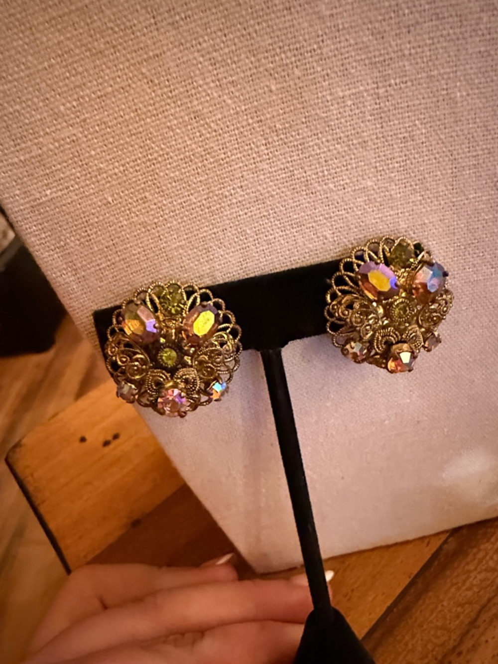 West Germany Aurora Borealis Gold Filigree Crystal Clip-On earrings
